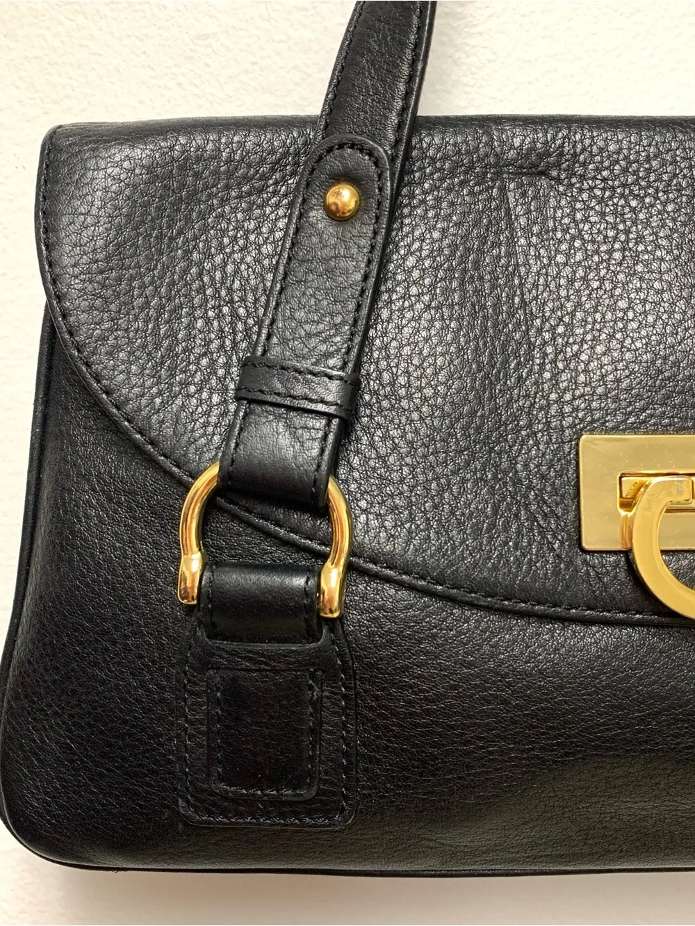 Kate Landry Leather Shoulder Bag Black Gold Hardware Harness Straps Medium